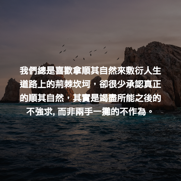 我們總是喜歡拿順其自然來敷衍人生道路上的荊棘坎坷，卻很少承認真正的順其自然，其實是竭盡所能之後的不強求, 而非兩手一攤的不作為。