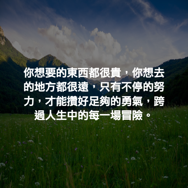 你想要的東西都很貴，你想去的地方都很遠，只有不停的努力，才能攢好足夠的勇氣，跨過人生中的每一場冒險。
