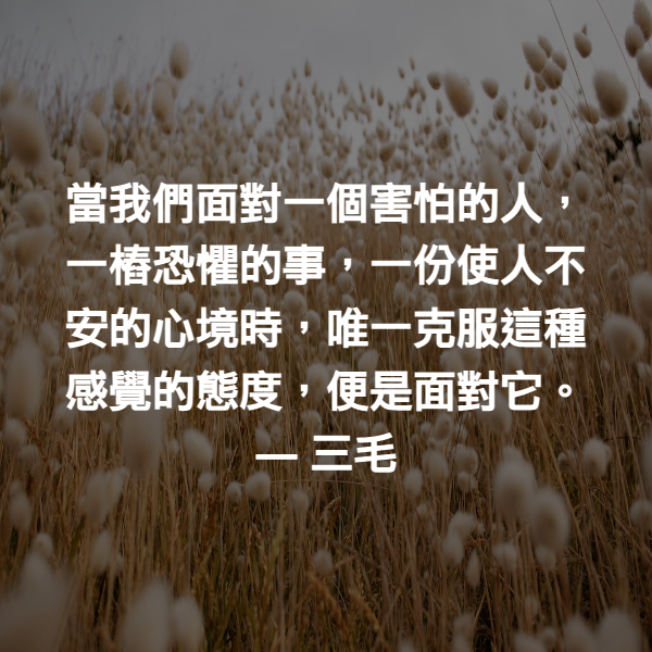 當我們面對一個害怕的人，一樁恐懼的事，一份使人不安的心境時，唯一克服這種感覺的態度，便是面對它。 ― 三毛