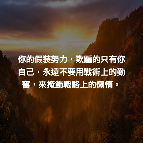 你的假裝努力，欺騙的只有你自己，永遠不要用戰術上的勤奮，來掩飾戰略上的懶惰。